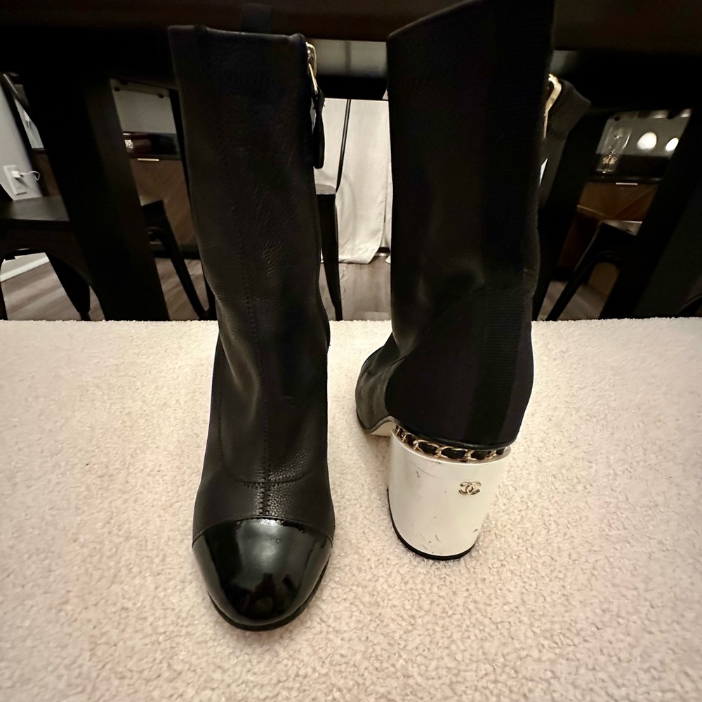 Chanel 16B Black Cap Toe Ankle Boots with White Chain CC Heel - 38c